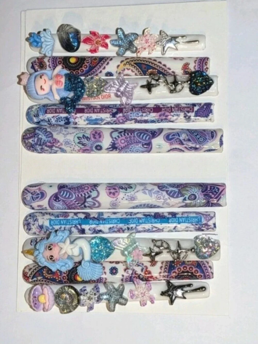Hand CRAFTED Ladies Mermaid Press On  Nail  Set - Purple & Blue Paisley Sz Large